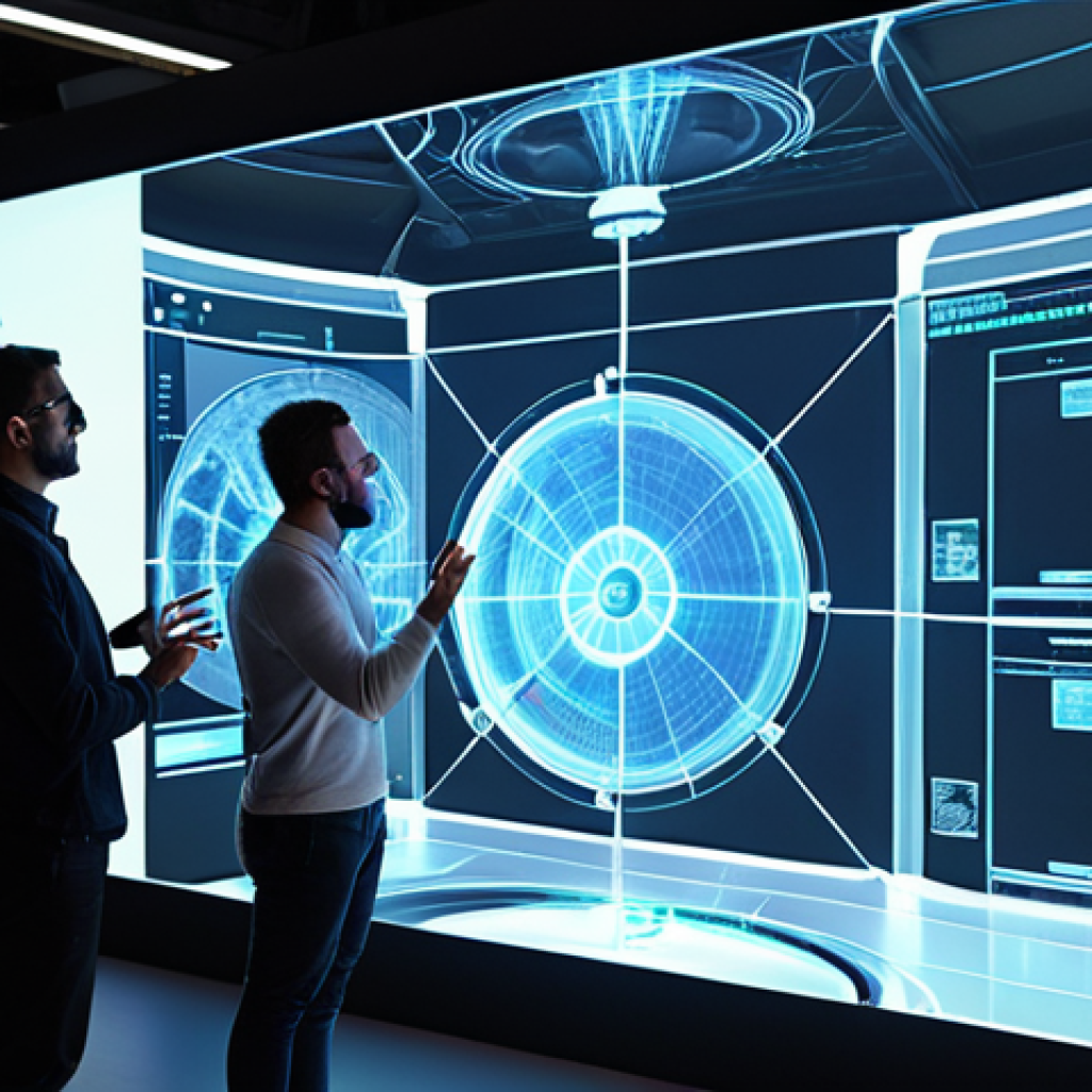 A highly detailed, intricate 3D digital twin model of a futuristic nuclear power plant, displayed as a glowing holographic projection in a modern design studio. Engineers in the foreground are interacting with the virtual plant via transparent touchscreens and gestural interfaces, pointing at specific components. The scene emphasizes precision, collaboration, and proactive design, showcasing various subsystems like pipes, valves, and structural elements rendered with a sophisticated, translucent quality. The atmosphere is professional and forward-thinking, with subtle energy patterns emanating from the virtual model.