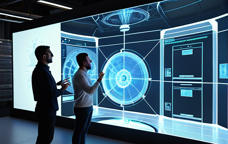 A highly detailed, intricate 3D digital twin model of a futuristic nuclear power plant, displayed as a glowing holographic projection in a modern design studio. Engineers in the foreground are interacting with the virtual plant via transparent touchscreens and gestural interfaces, pointing at specific components. The scene emphasizes precision, collaboration, and proactive design, showcasing various subsystems like pipes, valves, and structural elements rendered with a sophisticated, translucent quality. The atmosphere is professional and forward-thinking, with subtle energy patterns emanating from the virtual model.