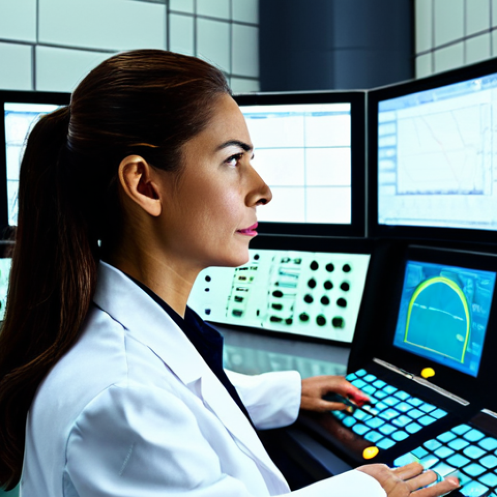 A professional female nuclear engineer, wearing a modest lab coat over a fully clothed business suit, meticulously operating controls in a brightly lit, futuristic nuclear power plant control room simulator. Her expression is focused and calm, observing multiple high-resolution digital displays showing reactor parameters. The environment is clean and organized, with ergonomic consoles and modern technology. safe for work, appropriate content, fully clothed, professional, perfect anatomy, correct proportions, natural pose, well-formed hands, proper finger count, natural body proportions, high quality, professional photography.
