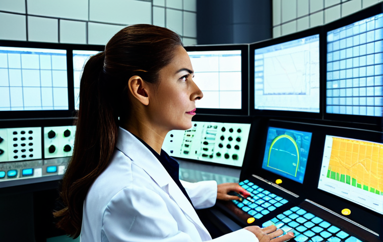 A professional female nuclear engineer, wearing a modest lab coat over a fully clothed business suit, meticulously operating controls in a brightly lit, futuristic nuclear power plant control room simulator. Her expression is focused and calm, observing multiple high-resolution digital displays showing reactor parameters. The environment is clean and organized, with ergonomic consoles and modern technology. safe for work, appropriate content, fully clothed, professional, perfect anatomy, correct proportions, natural pose, well-formed hands, proper finger count, natural body proportions, high quality, professional photography.