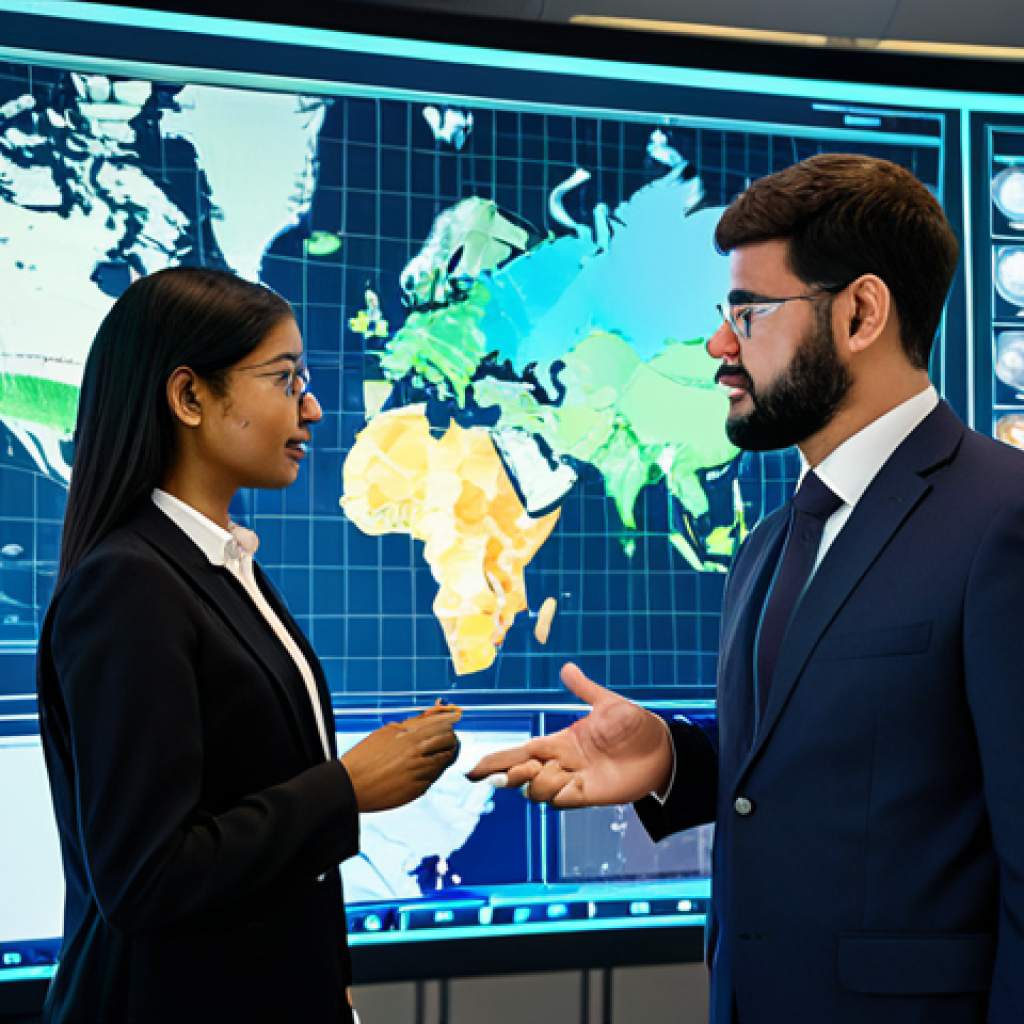 A professional, diverse group of nuclear engineers, both male and female, in modest business attire, collaboratively engaged around a large, illuminated interactive screen showcasing a detailed Small Modular Reactor (SMR) design. They are standing in a modern, high-tech global operations center, with subtle background elements hinting at international connectivity and time zones. The individuals exhibit perfect anatomy, correct proportions, natural poses, well-formed hands, and proper finger count. The image should be a professional photograph with high quality and realistic rendering. This content is safe for work, appropriate content, fully clothed, and professional.