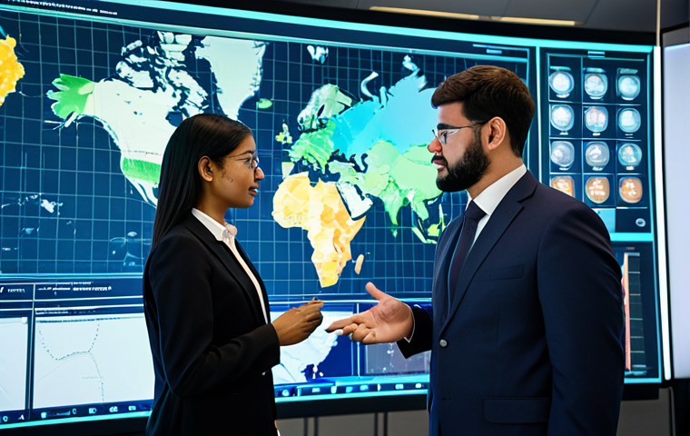 A professional, diverse group of nuclear engineers, both male and female, in modest business attire, collaboratively engaged around a large, illuminated interactive screen showcasing a detailed Small Modular Reactor (SMR) design. They are standing in a modern, high-tech global operations center, with subtle background elements hinting at international connectivity and time zones. The individuals exhibit perfect anatomy, correct proportions, natural poses, well-formed hands, and proper finger count. The image should be a professional photograph with high quality and realistic rendering. This content is safe for work, appropriate content, fully clothed, and professional.