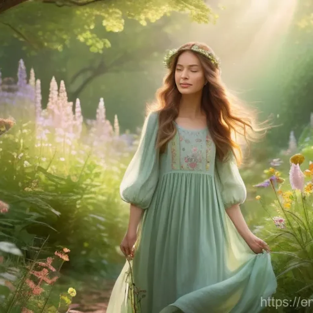 원자력 엔지니어 초보를 위한 가이드 - A whimsical, sun-drenched garden scene. A young woman, with long, flowing brown hair adorned with de...