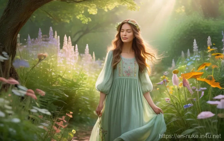 원자력 엔지니어 초보를 위한 가이드 - A whimsical, sun-drenched garden scene. A young woman, with long, flowing brown hair adorned with de...