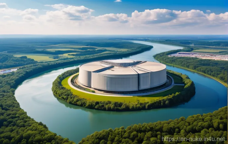 원자력 발전소 설계 원칙과 가이드 - **Image Prompt 1: The Apex of Safety and Serenity**
A wide, aerial view of a state-of-the-art nu...