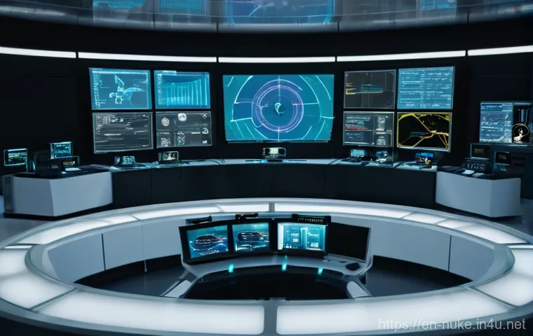 원자력 기술과 인공지능 활용 - **Prompt:** A futuristic, brightly lit nuclear power plant control room. In the center, a diverse te...