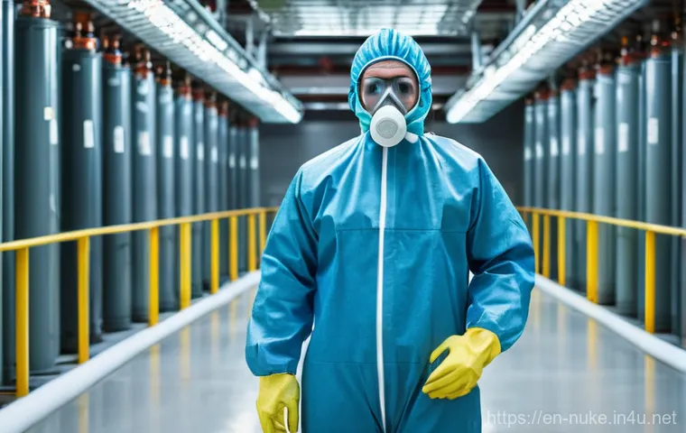 원자력 발전소 엔지니어 필수 장비 - **Prompt 1: Nuclear Engineer in Advanced PPE and Radiation Monitoring**
"A highly detailed, real...