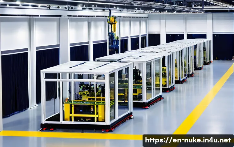 원자력 발전소 설계 최적화 연구 - **Prompt 1: The Modern Assembly of an SMR**
    "A clean, brightly lit, high-tech factory interior w...