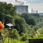 Home 21 원자력 발전소의 환경영향평가 사례 - A detailed scene of a nuclear power plant construction site adjacent to a lush forest habitat, showi...