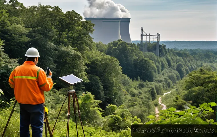 원자력 발전소의 환경영향평가 사례 - A detailed scene of a nuclear power plant construction site adjacent to a lush forest habitat, showi...