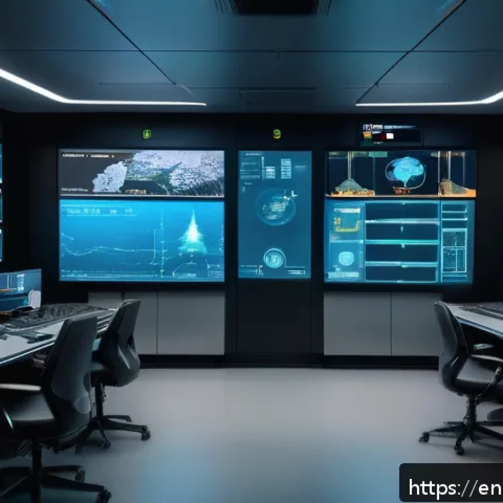 원자력 발전소 공정 설계 사례 - A high-tech nuclear reactor control room interior showcasing ergonomic design with multiple large di...