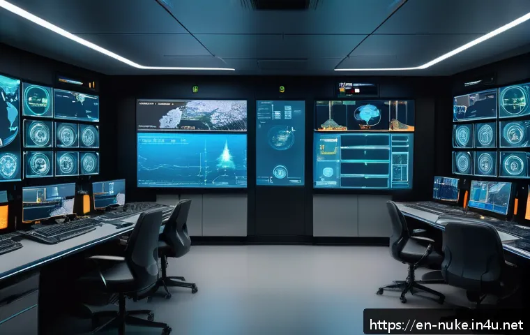 원자력 발전소 공정 설계 사례 - A high-tech nuclear reactor control room interior showcasing ergonomic design with multiple large di...