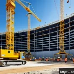 Home 18 원자력 발전소 프로젝트 관리 - A high-tech nuclear power plant construction site bustling with activity under a clear blue sky. Eng...