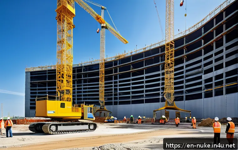 원자력 발전소 프로젝트 관리 - A high-tech nuclear power plant construction site bustling with activity under a clear blue sky. Eng...