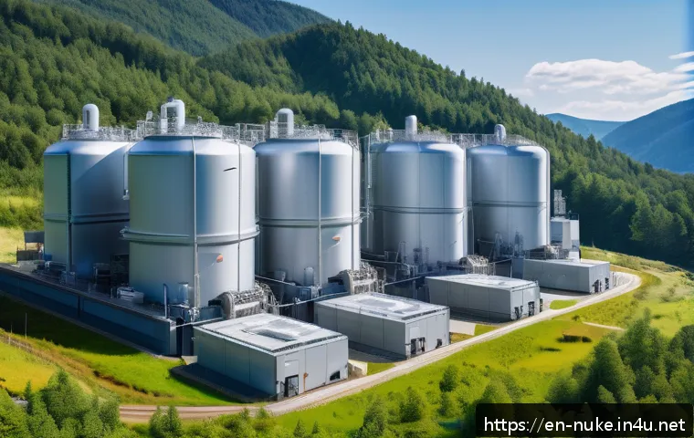 원자력 기술의 글로벌 동향 - A futuristic small modular nuclear reactor facility nestled in a remote mountainous region, showcasi...