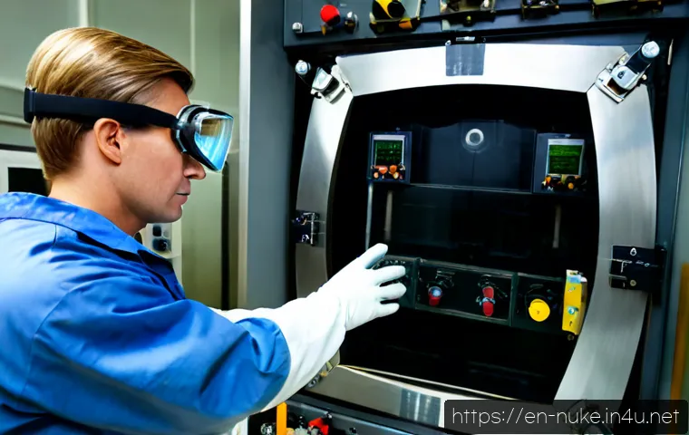 원자력 기술 해외 인증 시험 - Photorealistic nuclear technology certification testing laboratory, senior engineer in full protecti...