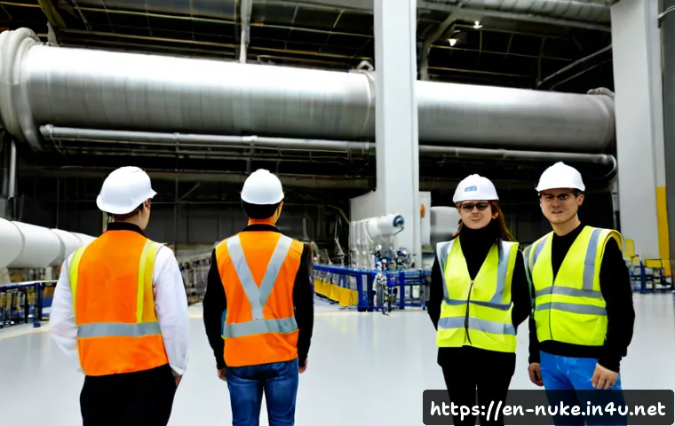 Home 17 원자력 발전소 실습 체험기 - Photorealistic nuclear power plant training visit, adult engineering students wearing plain white ha...
