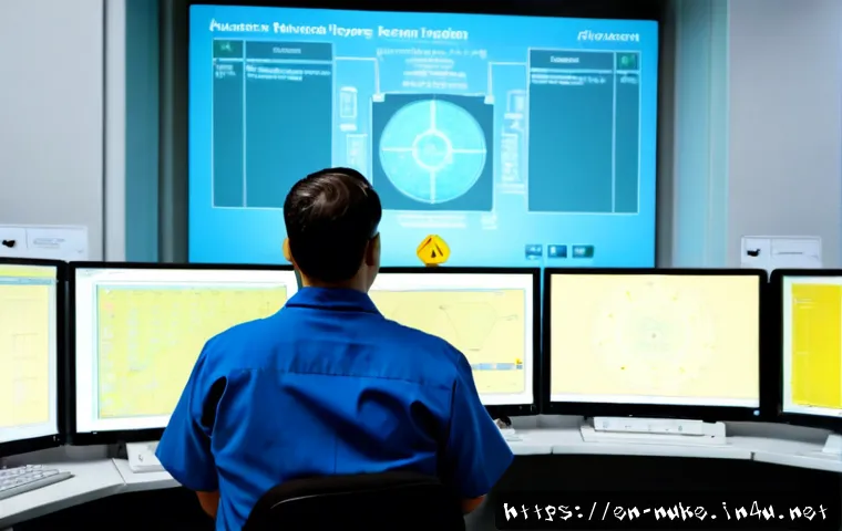 원자력 발전소의 시뮬레이션 기술 - Photorealistic nuclear power plant control room simulation training, two engineers in clean safety a...