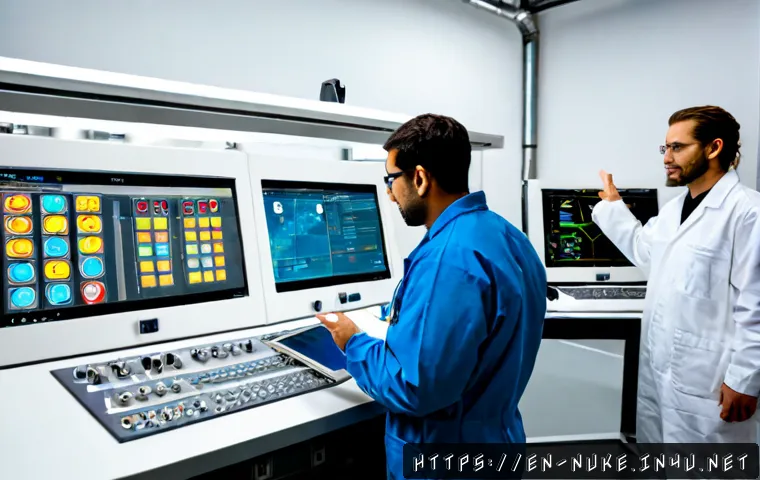 원자력 엔지니어 협동 프로젝트 사례 - Photorealistic nuclear engineering collaboration in a modern control-room simulation lab, diverse te...