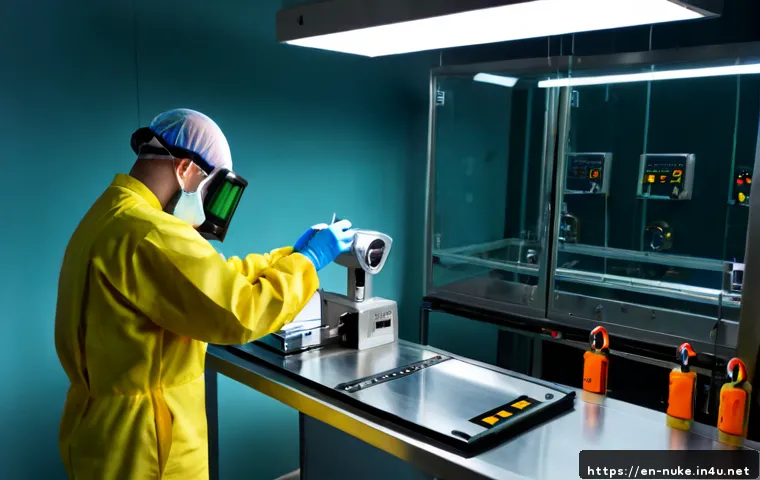 원자력 실험 장비 사용법 - Photorealistic nuclear laboratory training scene, a qualified technician in full protective coverall...